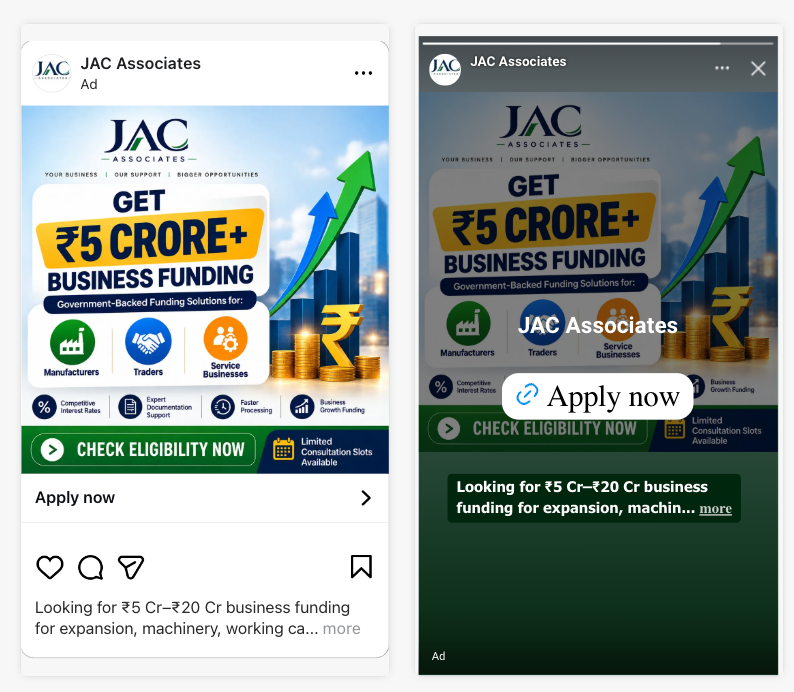 JAC Associates Meta Ads creative for business funding lead generation